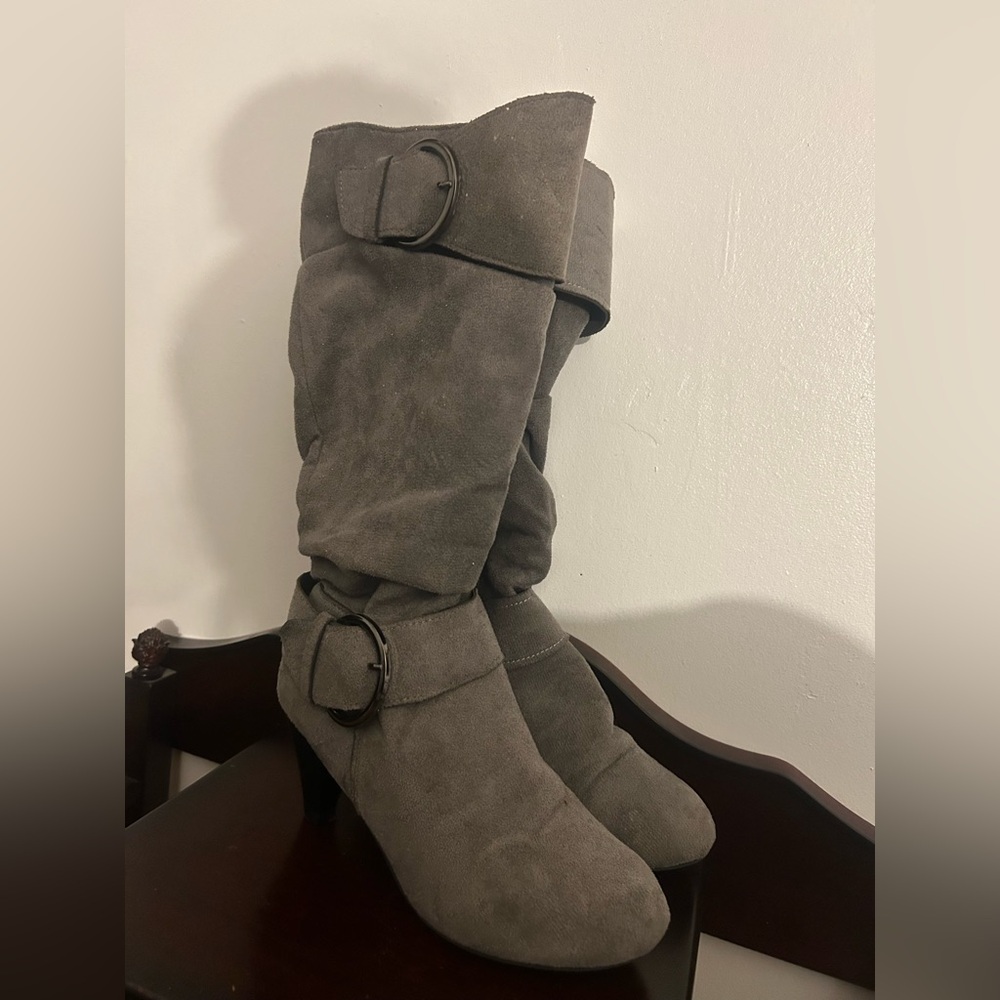 Gray Suede Knee-High Boots